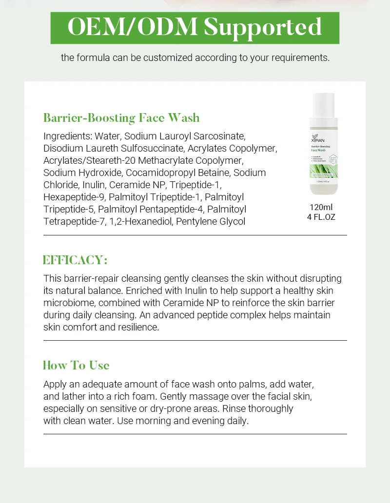 OEM/ODM face wash details, ingredients, benefits, use instructions and customization options.